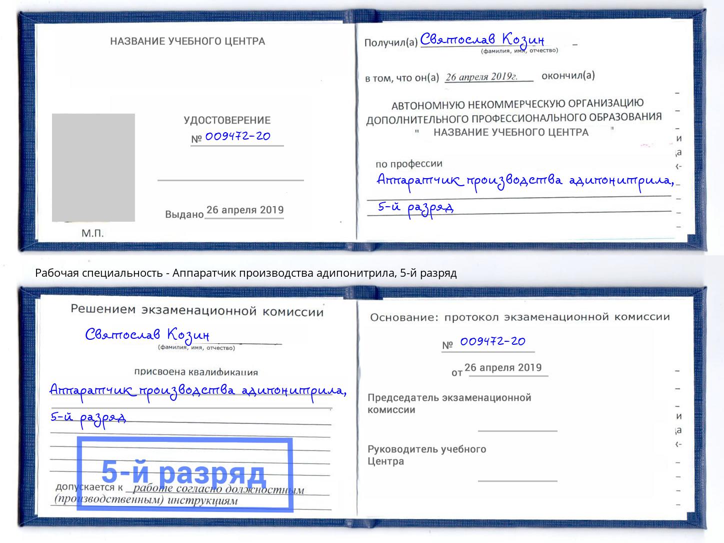 корочка 5-й разряд Аппаратчик производства адипонитрила Белорецк