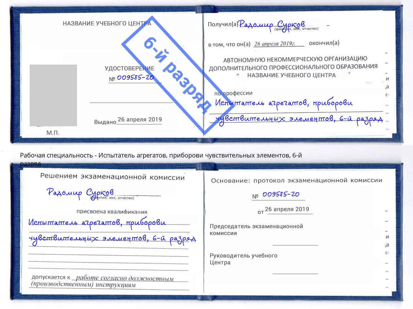 корочка 6-й разряд Испытатель агрегатов, приборови чувствительных элементов Белорецк