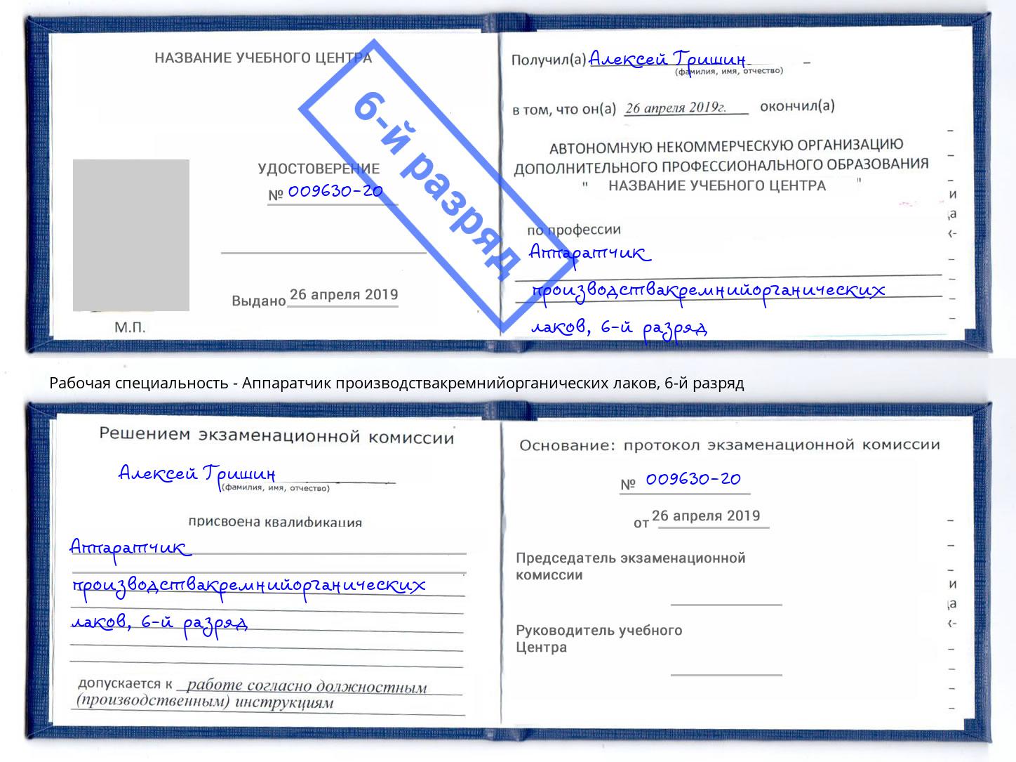 корочка 6-й разряд Аппаратчик производствакремнийорганических лаков Белорецк