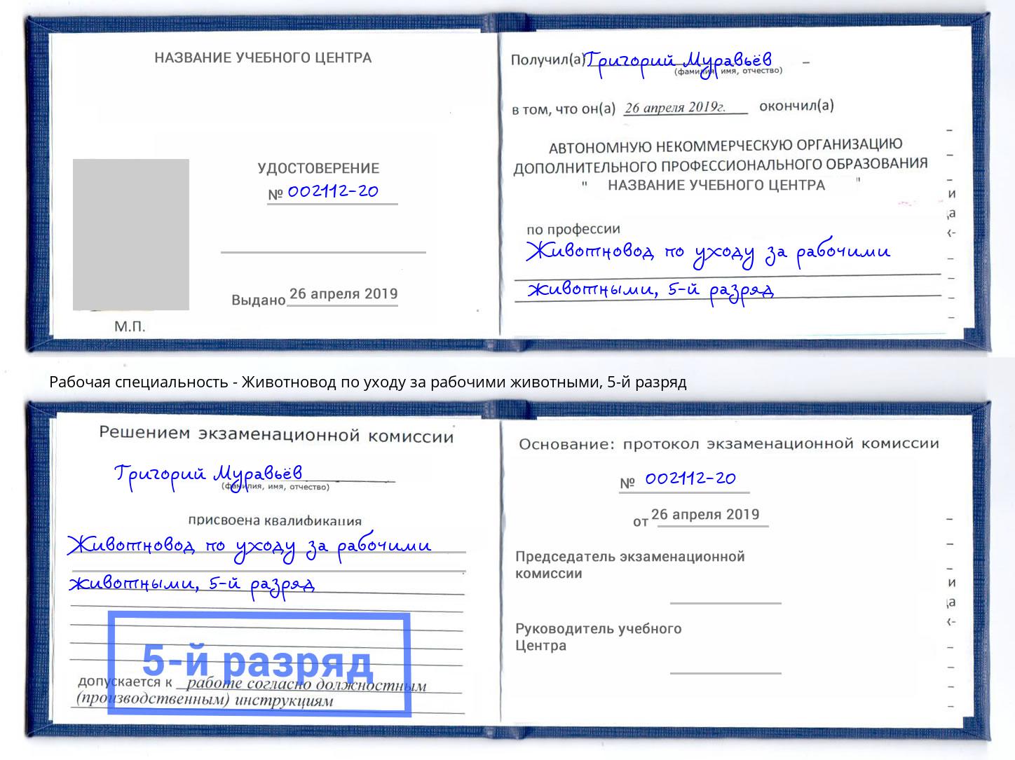 корочка 5-й разряд Животновод по уходу за рабочими животными Белорецк